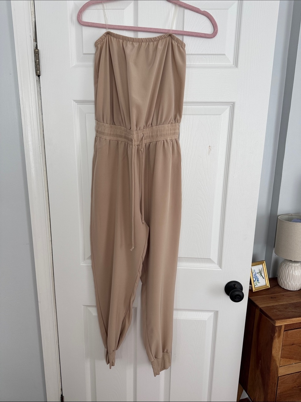 Blue Blush Strapless Taupe Jumpsuit with Drawstring Waist